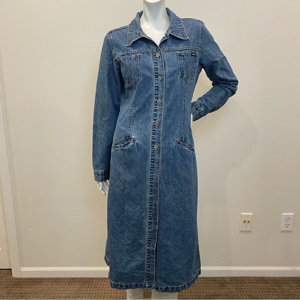 VINTAGE Squeeze Stephen Hardy Denim Trench Jean Jacket 2000s Y2K Coat